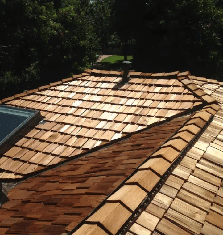 Close up of wood shake + shingle roof. 