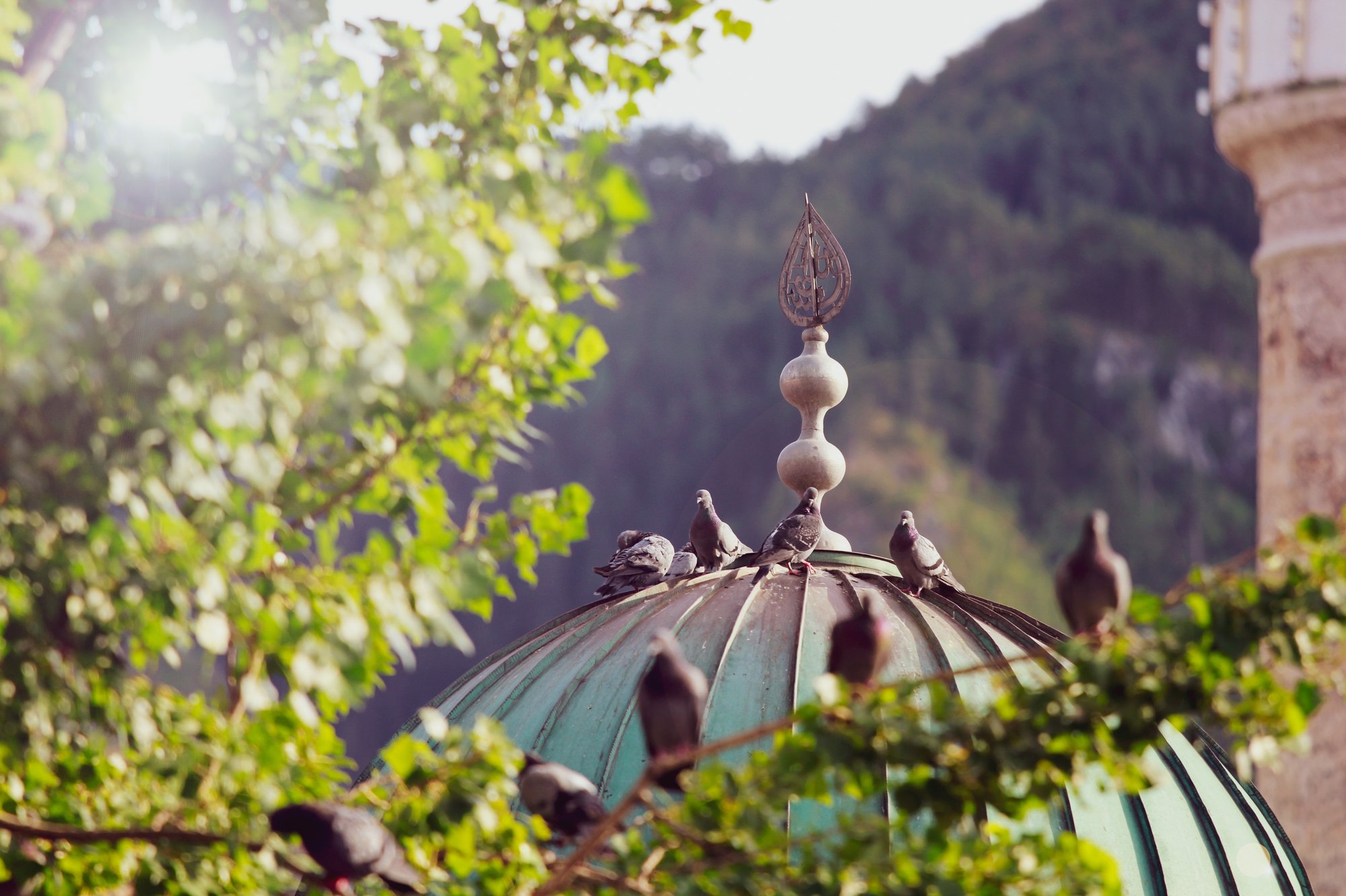 Verdigris copper roof dome with natural green patina finish
